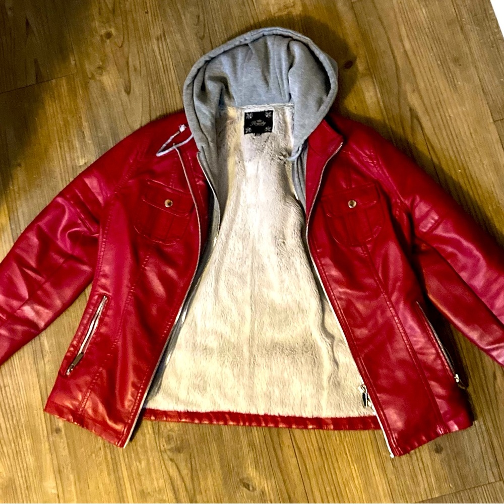 Royalty For Me- Red Faux Leather Hood Jacket
